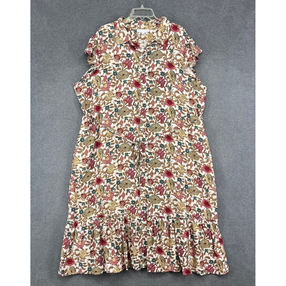 Jane + Delancey Floral Midi Dress Womens 3X Cream Linen Blend Boho Ruffle Pocket